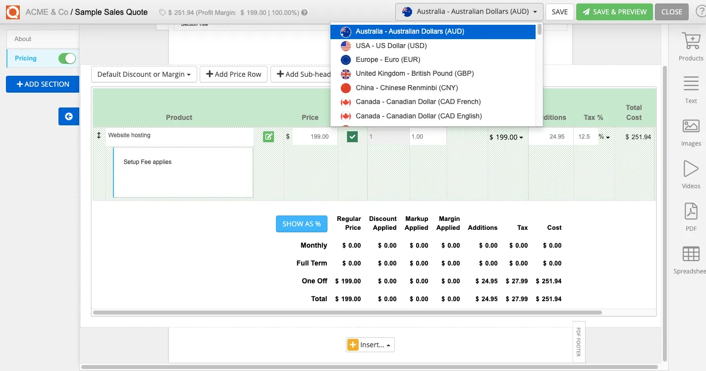QuoteCloud - Sales Quote, Sales Proposal and Contracts Software - Change the Currency of a Sales Quote (Java Edition) - illustration e8ebbeba-1de5-4388-bd03-a98d722bab90