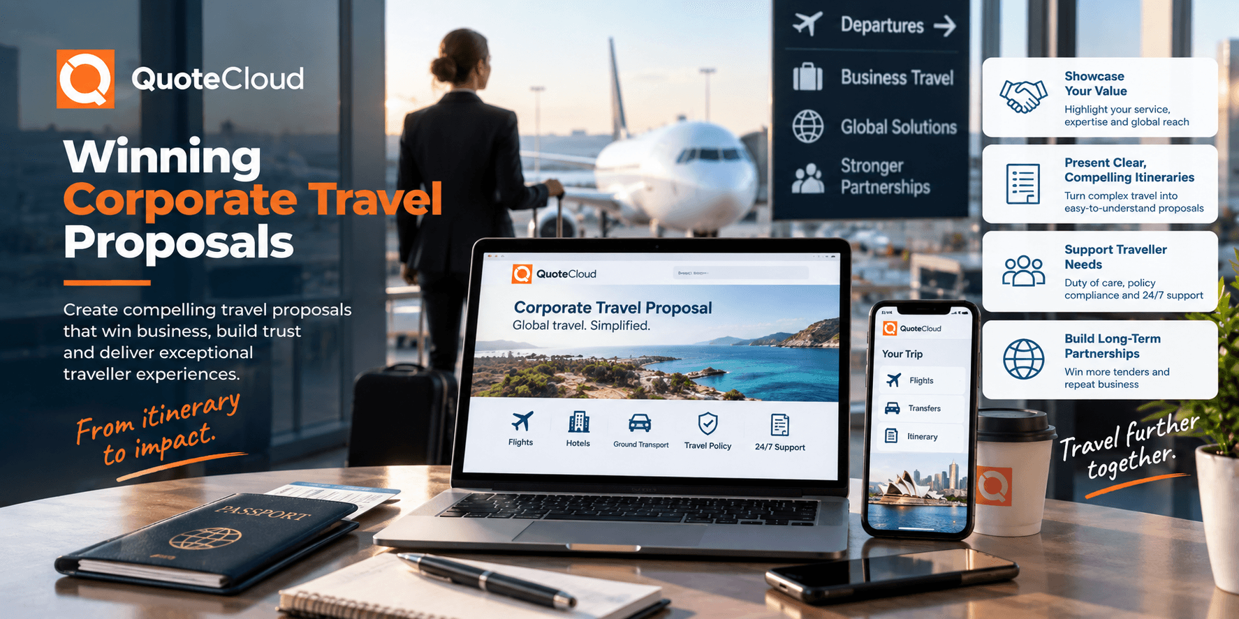 QuoteCloud - Sales Quote, Sales Proposal and Contracts Software - Winning Corporate Travel Proposals - illustration d697e2e7-7a32-4f5b-8f7b-ce2e94b0dfc0