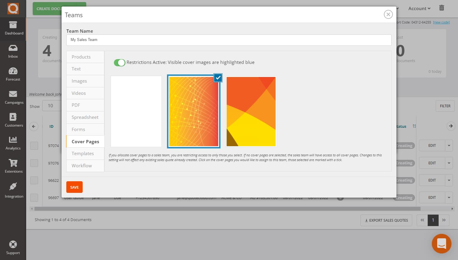 QuoteCloud - Sales Quote, Sales Proposal and Contracts Software - Assigning/Restricting Cover Pages to Sales Teams (Java Edition) - illustration aa50dbbf-90fc-4959-a993-6e89875c9509