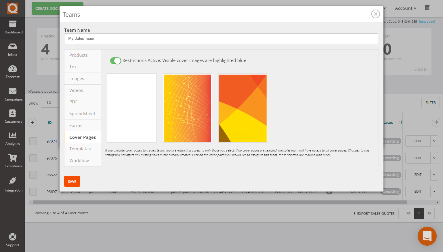 QuoteCloud - Sales Quote, Sales Proposal and Contracts Software - Assigning/Restricting Cover Pages to Sales Teams (Java Edition) - illustration ee7c181e-6abb-41f8-a159-b16cd268863c