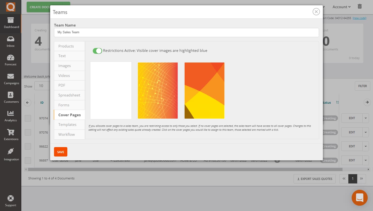 QuoteCloud - Sales Quote, Sales Proposal and Contracts Software - Assigning/Restricting Cover Pages to Sales Teams (Java Edition) - illustration ee7c181e-6abb-41f8-a159-b16cd268863c