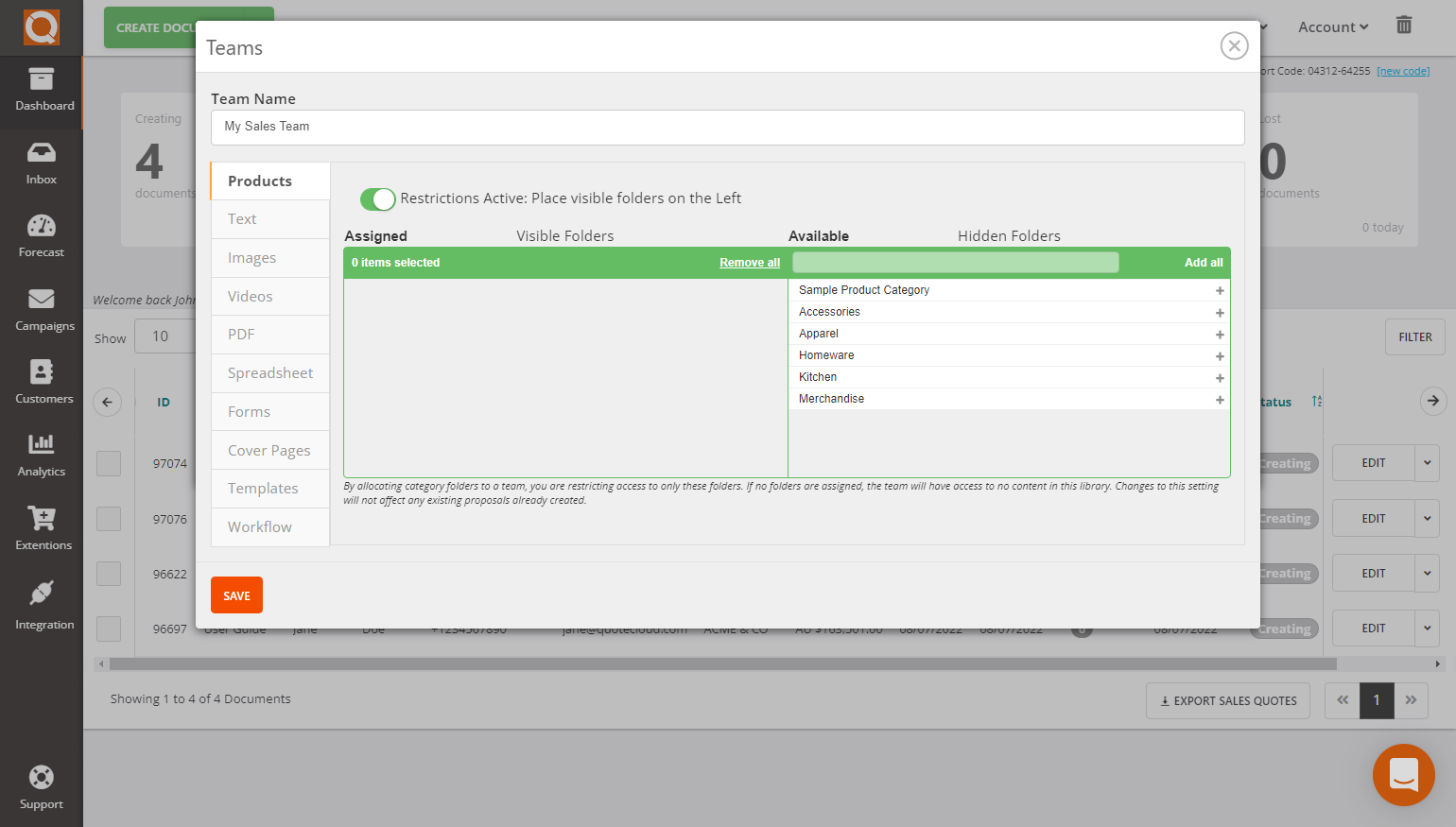 QuoteCloud - Sales Quote, Sales Proposal and Contracts Software - Assigning/Restricting Product Categories to Teams (Java Edition) - illustration 81c6273d-059f-4db4-a0d2-74815c41d9bb