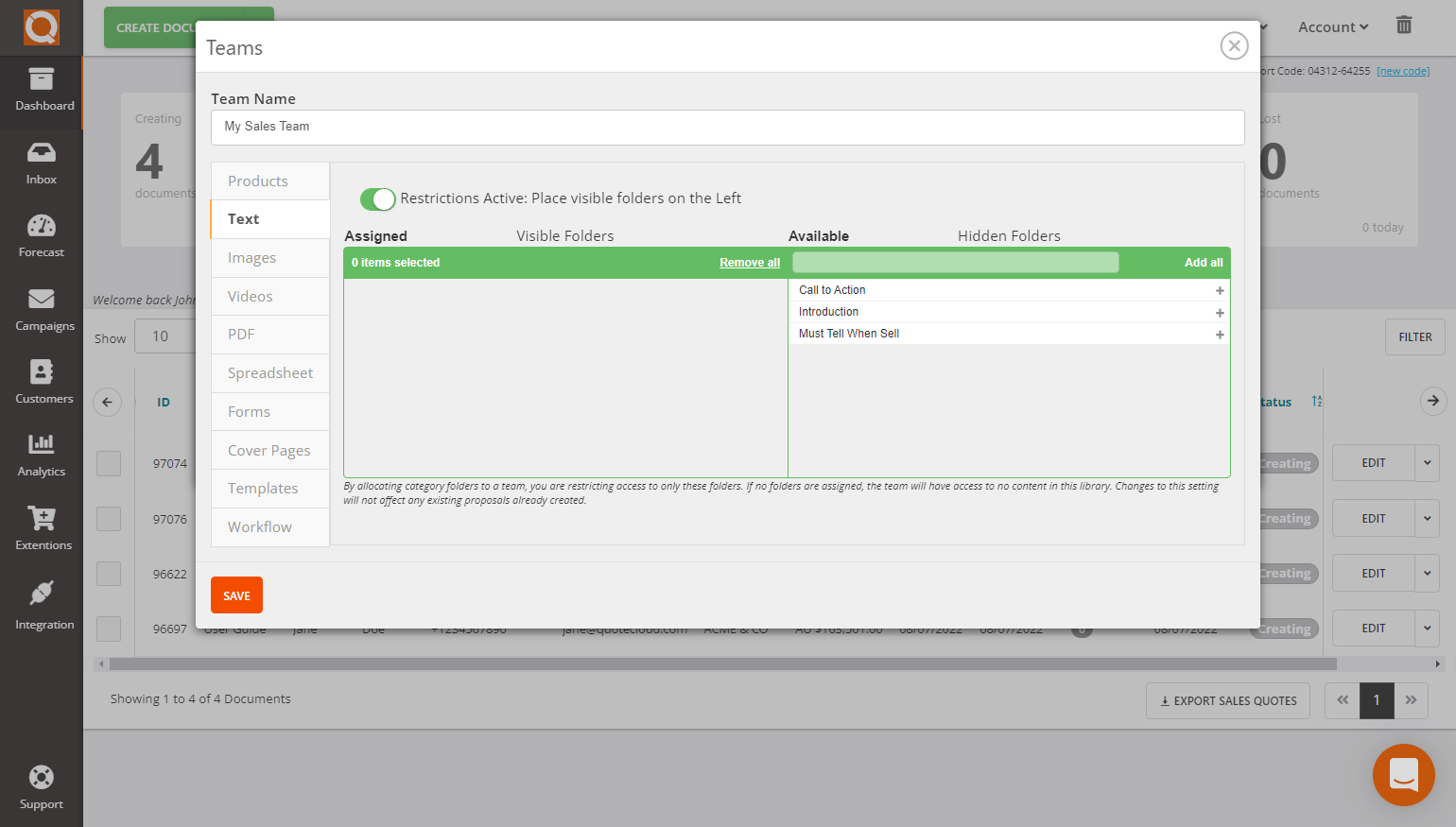 QuoteCloud - Sales Quote, Sales Proposal and Contracts Software - Assigning/Restricting Text Library Categories to Teams (Java Edition) - illustration c60bccdc-2a13-4922-9623-45af8235cb67