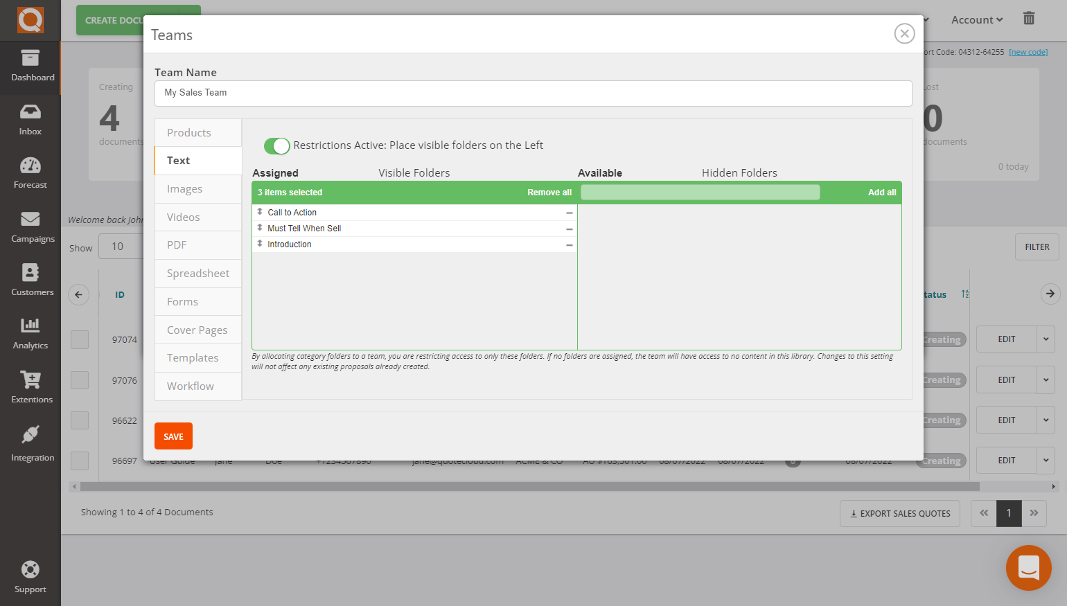 QuoteCloud - Sales Quote, Sales Proposal and Contracts Software - Assigning/Restricting Text Library Categories to Teams (Java Edition) - illustration 3762c278-caed-4172-a2b2-b5faf9279d8e