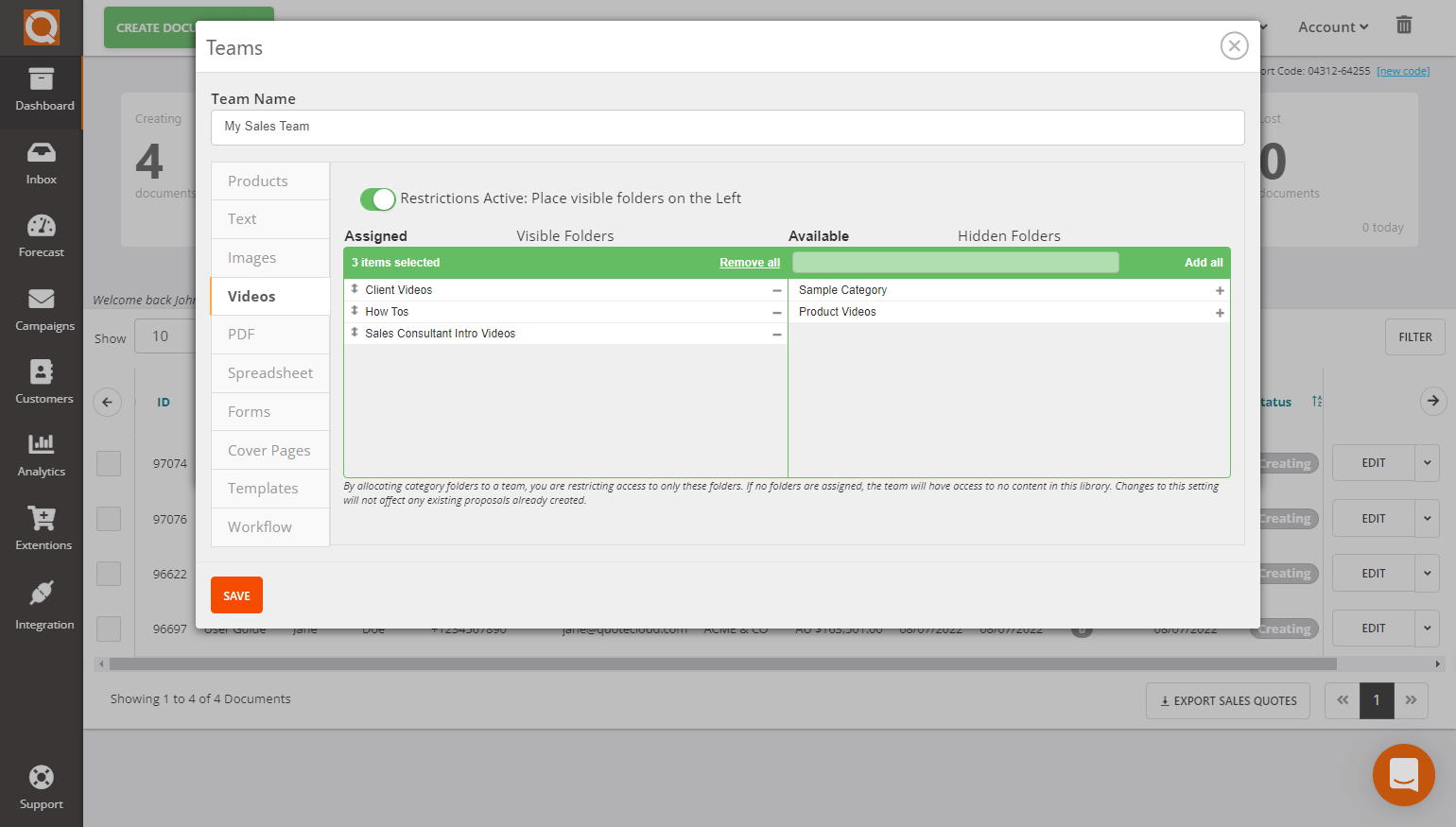 QuoteCloud - Sales Quote, Sales Proposal and Contracts Software - Assigning/Restricting Video Library Categories to Teams (Java Edition) - illustration 28f3f869-e9d6-4810-a9c3-f58dbabb2f3b