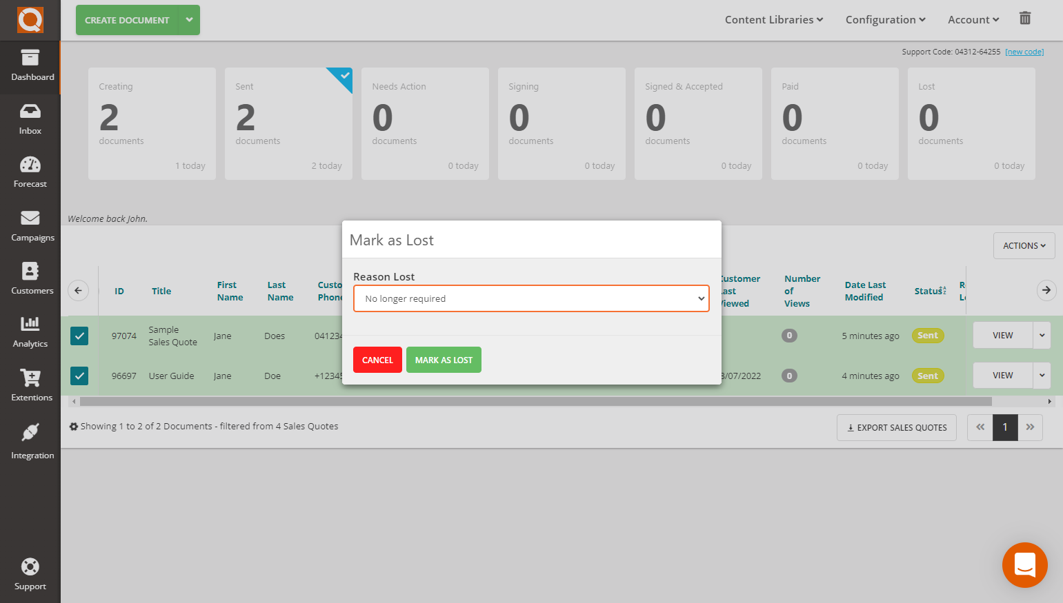 QuoteCloud - Sales Quote, Sales Proposal and Contracts Software - Bulk update Sales Quote Status to Lost (Java Edition) - illustration 8dc90c9d-c835-4cc5-b96d-2418afc405d0