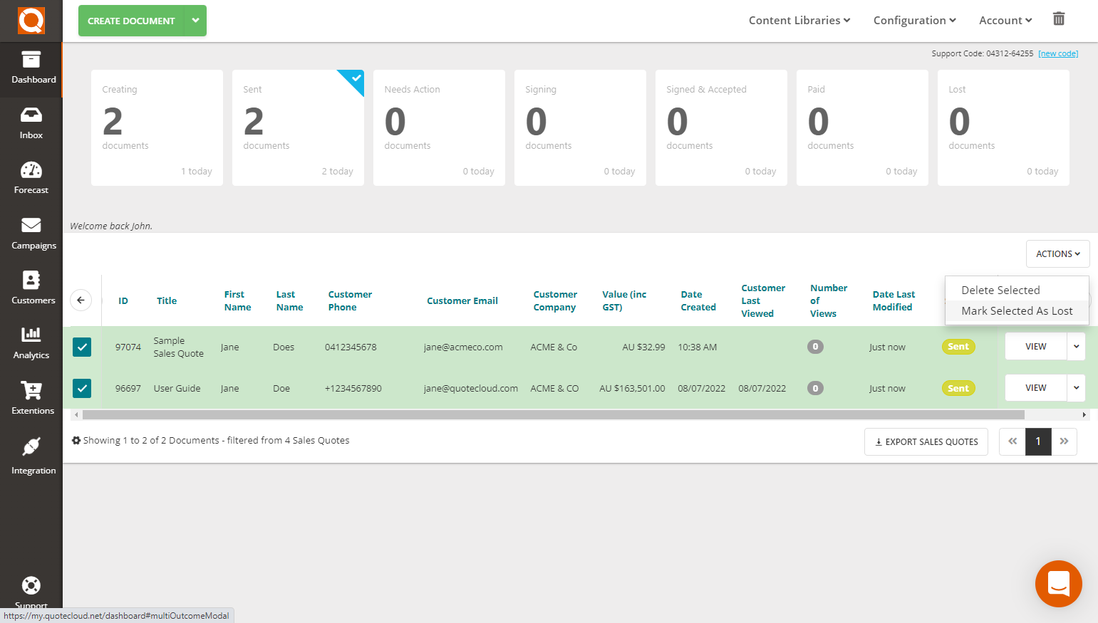 QuoteCloud - Sales Quote, Sales Proposal and Contracts Software - Bulk update Sales Quote Status to Lost (Java Edition) - illustration 4c77b345-b8f2-48c0-9a6d-ed4d81dd1403
