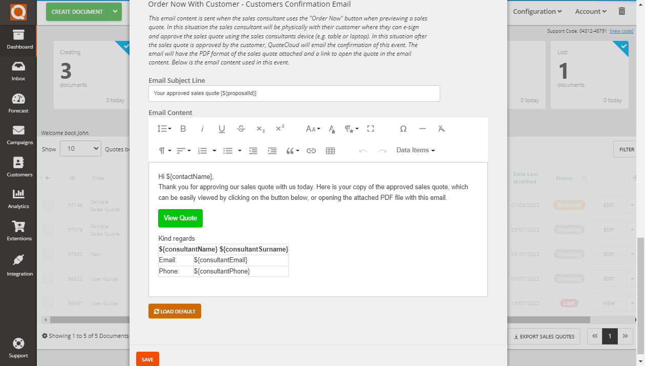 QuoteCloud - Sales Quote, Sales Proposal and Contracts Software - Setting the Default Email Message when Sending Sales Quotes (Java Edition) - illustration 088c8958-e6d3-4b16-9b9d-97244bd355f9