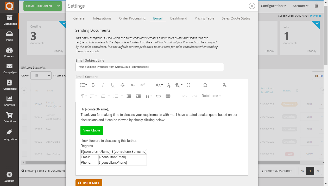 QuoteCloud - Sales Quote, Sales Proposal and Contracts Software - Setting the Default Email Message when Sending Sales Quotes (Java Edition) - illustration 182dbe0e-4714-4433-ad3d-32f21b719b92