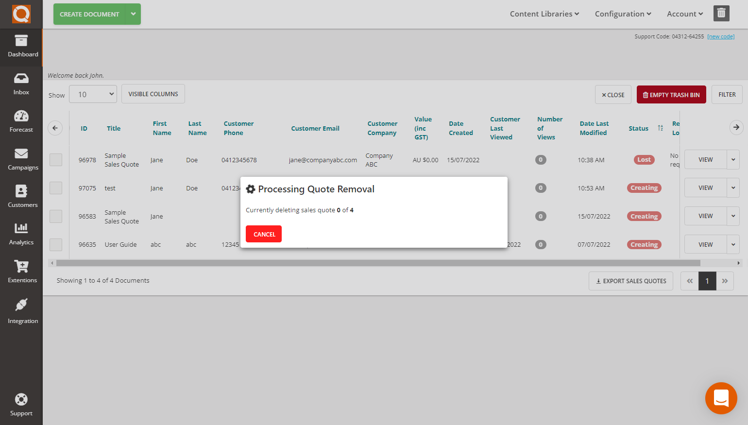 QuoteCloud - Sales Quote, Sales Proposal and Contracts Software - Deleting Sales Quotes (Java Edition) - illustration 2c16018f-a458-444f-9531-7ea9c84ac026