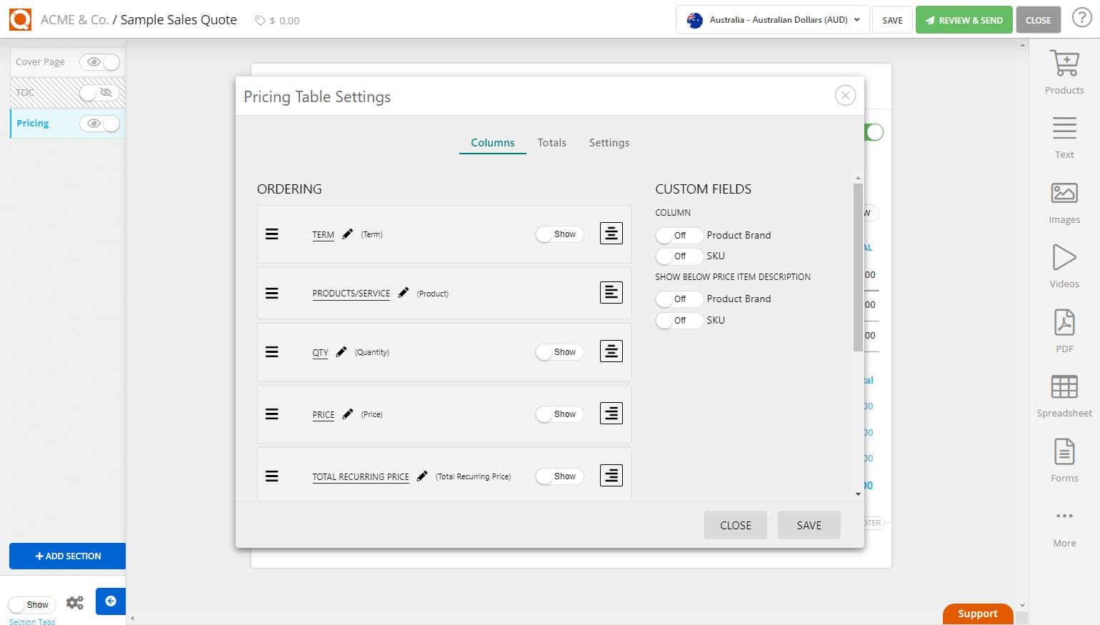 QuoteCloud - Sales Quote, Sales Proposal and Contracts Software - Change the Order of Columns in a Price Table (Java Edition) - illustration 8700b0f0-1220-4e52-aab8-c8ae2a149b65