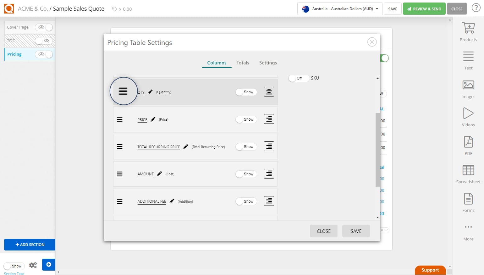 QuoteCloud - Sales Quote, Sales Proposal and Contracts Software - Change the Order of Columns in a Price Table (Java Edition) - illustration 9b19a5e2-e443-4d49-8e50-dc9d4ad459a8