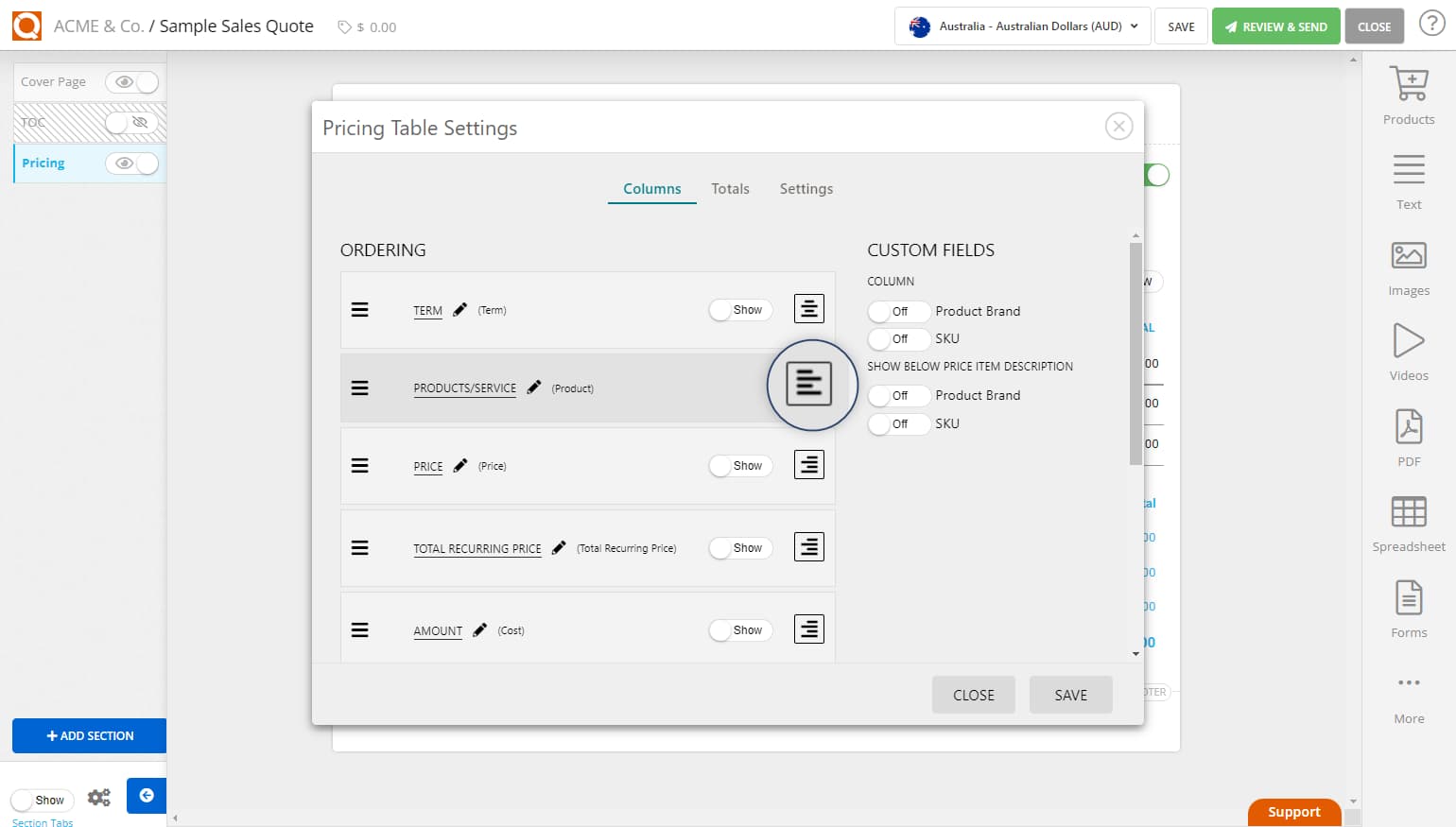 QuoteCloud - Sales Quote, Sales Proposal and Contracts Software - Set the Column Alignment in a Price Table (Java Edition) - illustration 1361f27b-2adc-4c74-9a16-678543365b0a