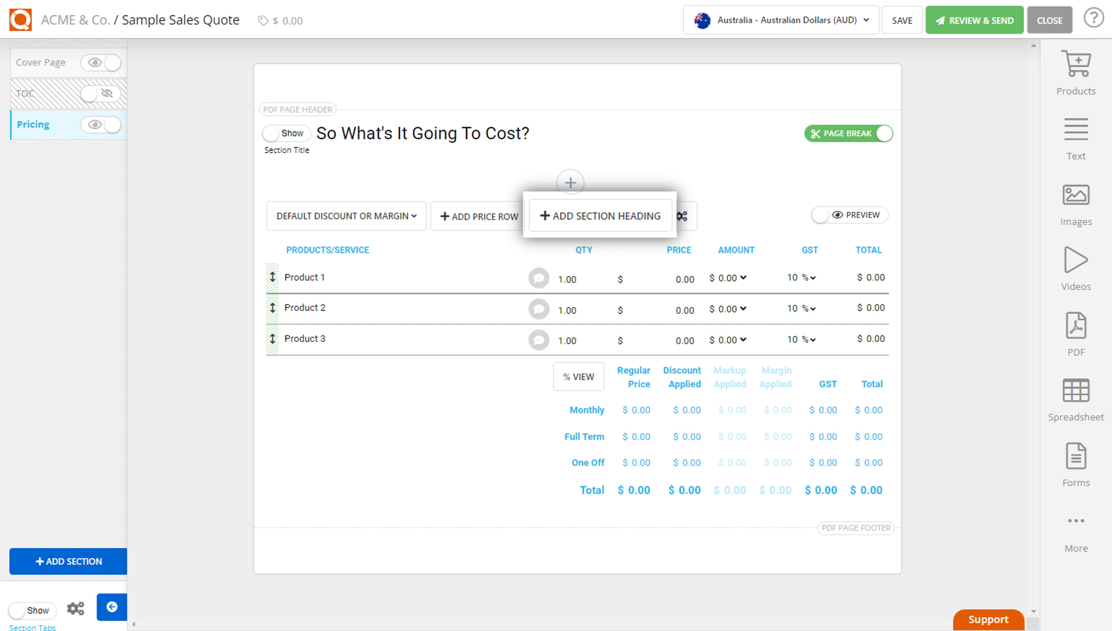 QuoteCloud - Sales Quote, Sales Proposal and Contracts Software - Adding Sections in a Price Table (Java Edition) - illustration 4a3d44a8-0939-4b2c-8f6a-ba5ce12da870