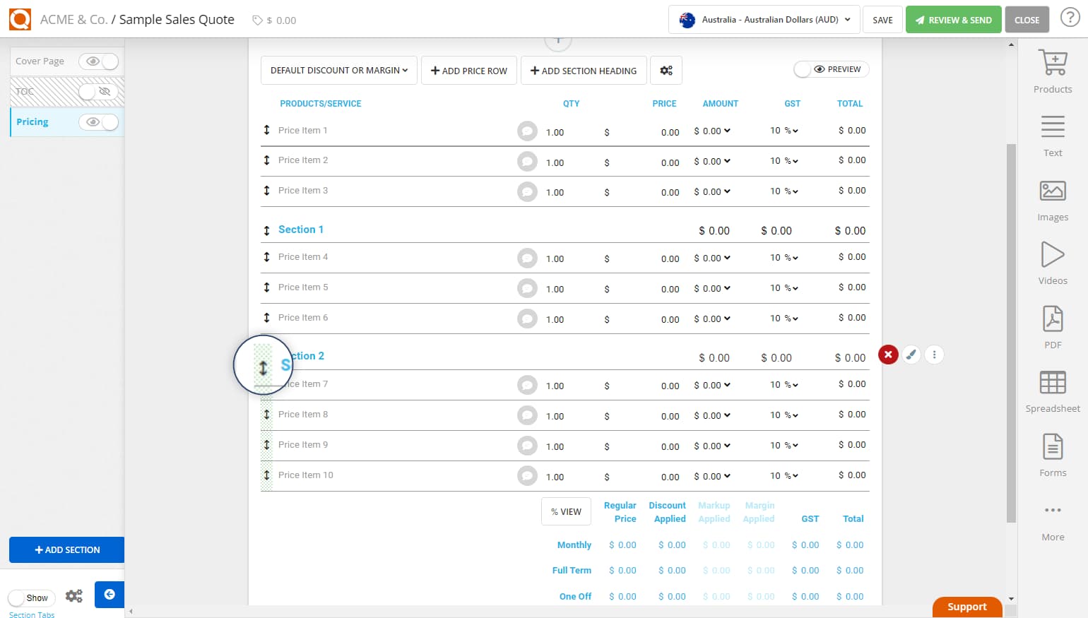 QuoteCloud - Sales Quote, Sales Proposal and Contracts Software - Sorting Sections (Sub-Headings and Grouped Price Lines) in a Price Table (Java Edition) - illustration b50f9610-5474-4ae0-b79a-b1b9e3e4ec7d