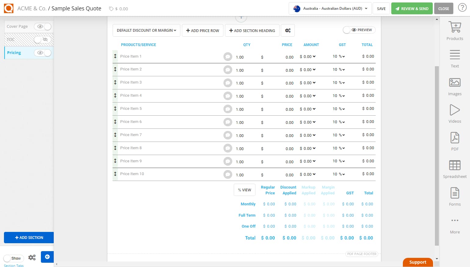 QuoteCloud - Sales Quote, Sales Proposal and Contracts Software - Sorting Sections (Sub-Headings and Grouped Price Lines) in a Price Table (Java Edition) - illustration 02215674-227d-4b05-b2a1-7da4867907c3