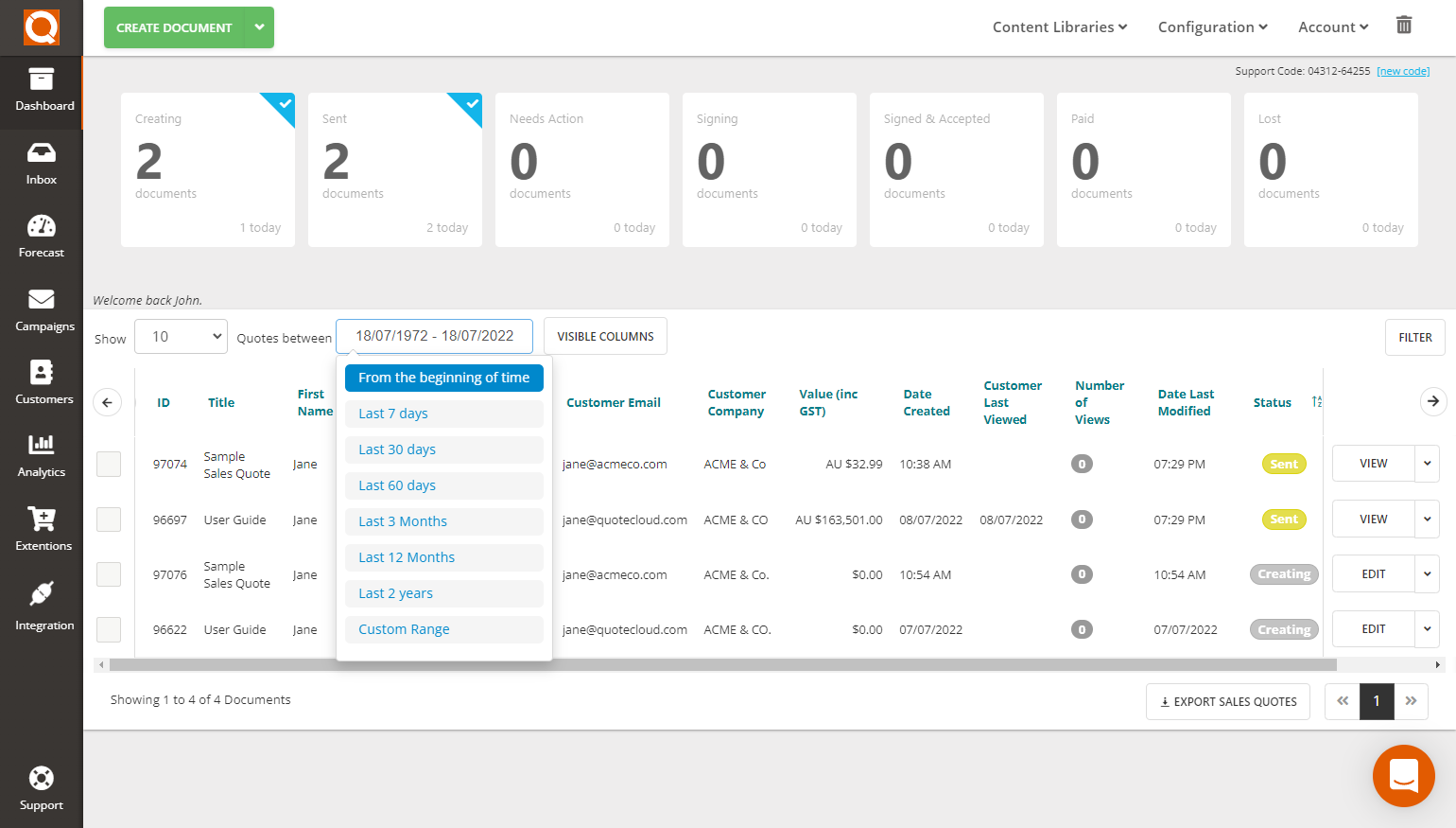 QuoteCloud - Sales Quote, Sales Proposal and Contracts Software - Filtering Proposals On The Sales Quote Dashboard (Java Edition) - illustration 6174c05d-4d9c-485f-b9cd-1106f8adbf5d