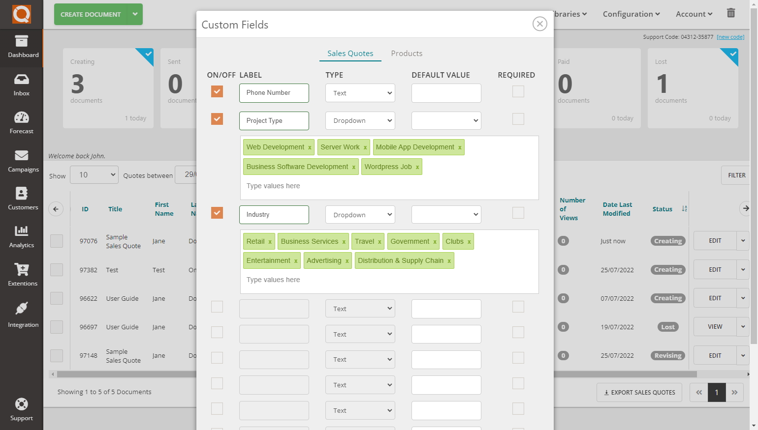 QuoteCloud - Sales Quote, Sales Proposal and Contracts Software - How Do I Create Custom Fields? (Java Edition) - illustration 557a5a0a-6277-4c0b-9e37-a90ace3b97a5