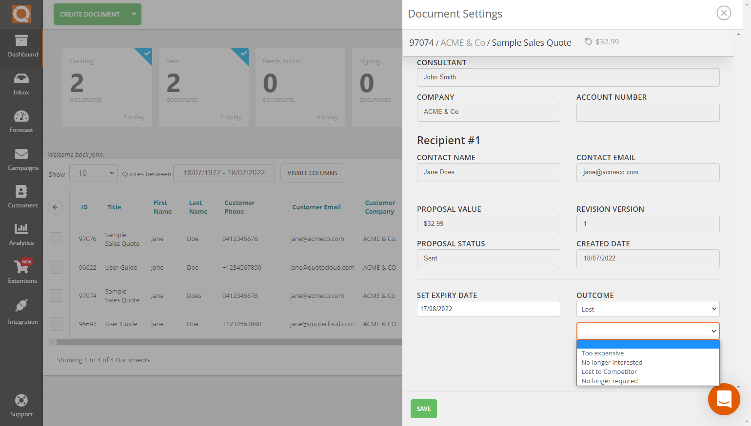 QuoteCloud - Sales Quote, Sales Proposal and Contracts Software - Update the Status of a Sales Quote to Lost (Java Edition) - illustration 5e0113b9-2b4f-4f8d-9655-fc2ef7b8e314