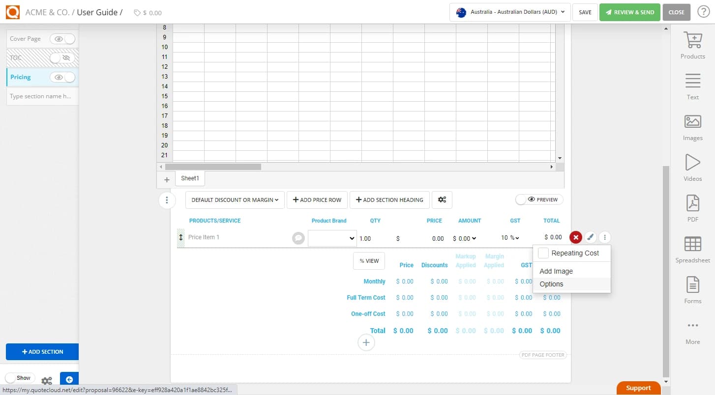 QuoteCloud - Sales Quote, Sales Proposal and Contracts Software - Using Values from a Spreadsheet for a Price Line Item Description in a Price Table (Java Edition) - illustration 82d6fc66-c618-4d95-9502-65e0168f37b9