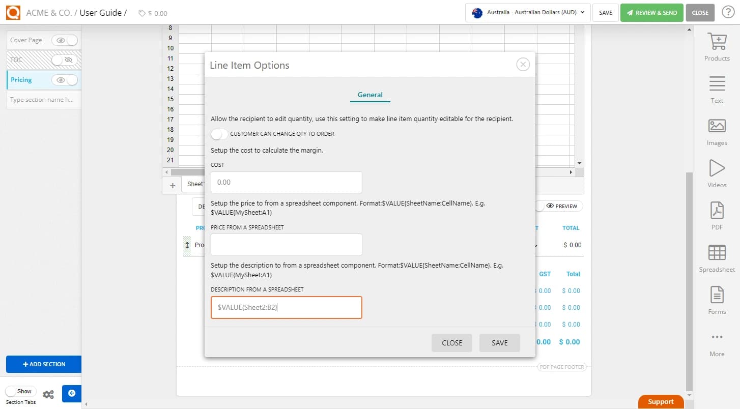 QuoteCloud - Sales Quote, Sales Proposal and Contracts Software - Using Values from a Spreadsheet for a Price Line Item Description in a Price Table (Java Edition) - illustration fc1d0c53-e430-4a72-9673-305eb4e6079d