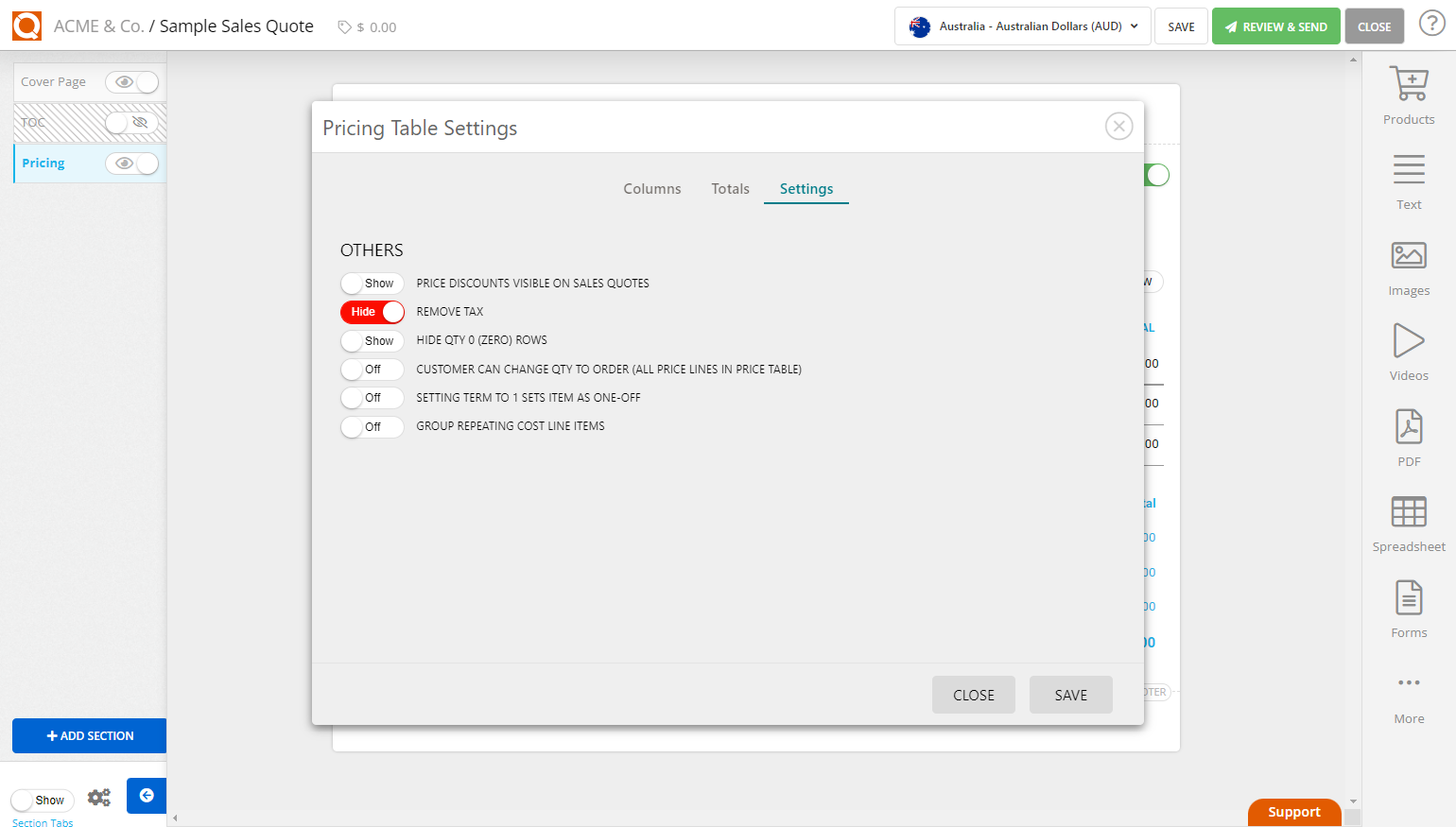 QuoteCloud - Sales Quote, Sales Proposal and Contracts Software - Price Table Settings - Removing Tax from a Price Table (Java Edition) - illustration 35ae36af-d2b1-4b23-a7ae-e34275869825