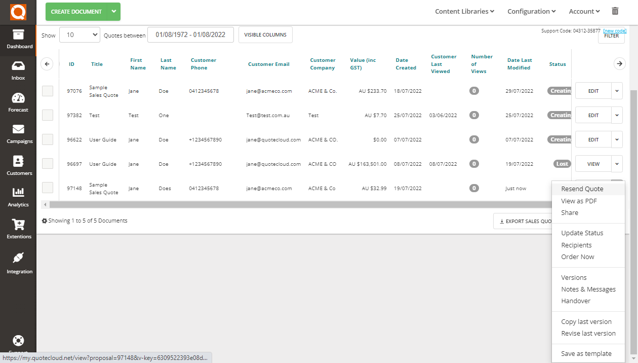 QuoteCloud - Sales Quote, Sales Proposal and Contracts Software - Resending or Forwarding a Sales Quote (Java Edition) - illustration 722ae42e-ecfe-4c72-b6dc-9a8e1865e0a8