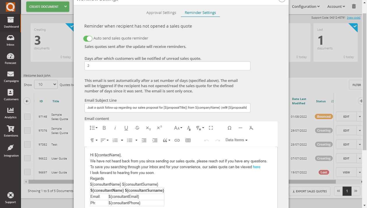 QuoteCloud - Sales Quote, Sales Proposal and Contracts Software - Setup Customer Reminders (Java Edition) - illustration 6a8d2998-0d15-47b3-8bdf-c8a4f00ab609