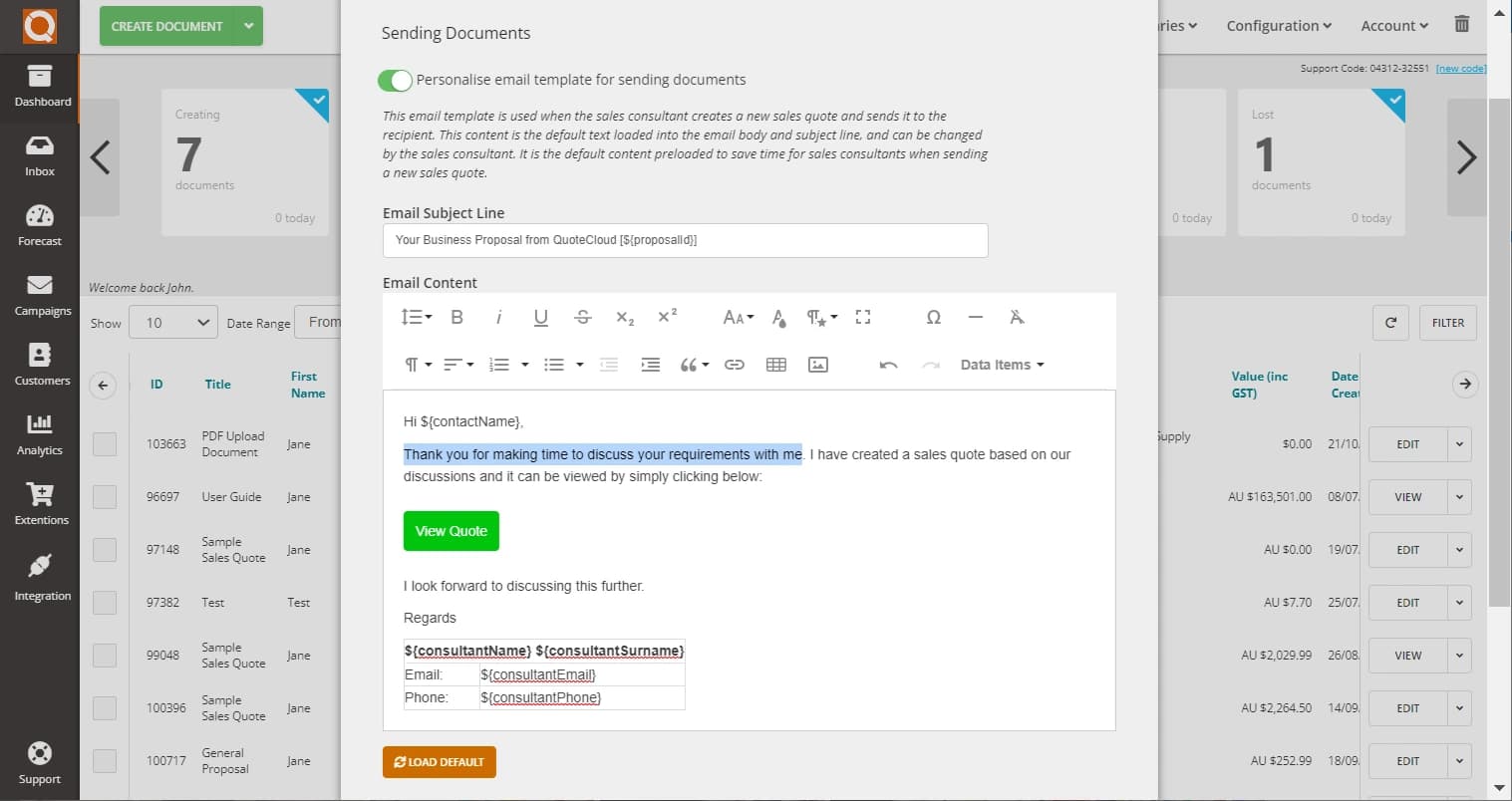 QuoteCloud - Sales Quote, Sales Proposal and Contracts Software - How To Personalise The Default Email Content For Sending Documents (Java Edition) - illustration e50cdb74-116d-431d-8a07-16fa87117915