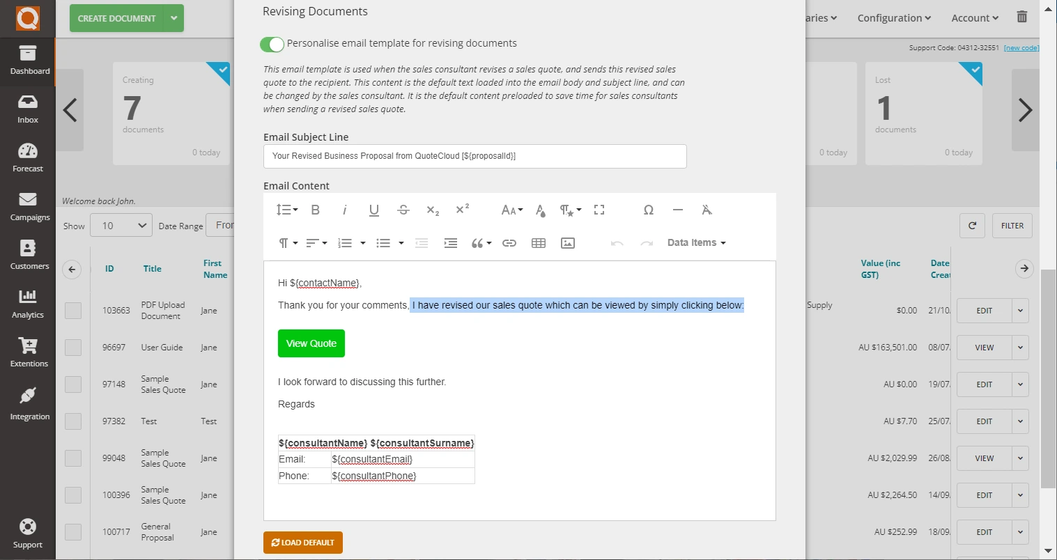 QuoteCloud - Sales Quote, Sales Proposal and Contracts Software - How To Personalise The Default Email Content For Revising Documents (Java Edition) - illustration 9da16f77-37f7-4c7e-b3f8-d67b03ea51d4