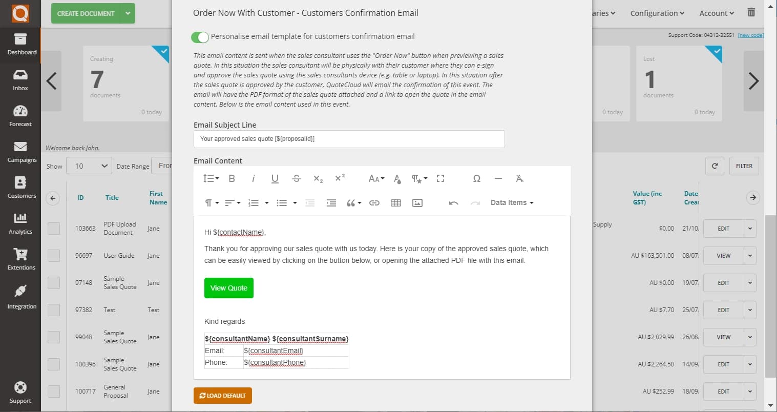 QuoteCloud - Sales Quote, Sales Proposal and Contracts Software - How To Personalise The Email Content For The "Order Now With Customer - Customers Confirmation Email" (Java Edition) - illustration f0a03c7c-d4e5-43e7-bf06-1845e6abbd39