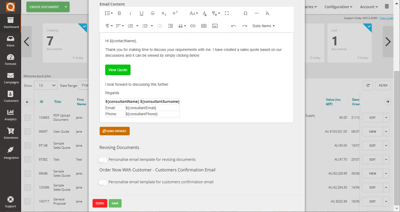 QuoteCloud - Sales Quote, Sales Proposal and Contracts Software - How To Personalise The Email Content For The "Order Now With Customer - Customers Confirmation Email" (Java Edition) - illustration 06556154-015d-41d6-b225-a66ce68f12b2