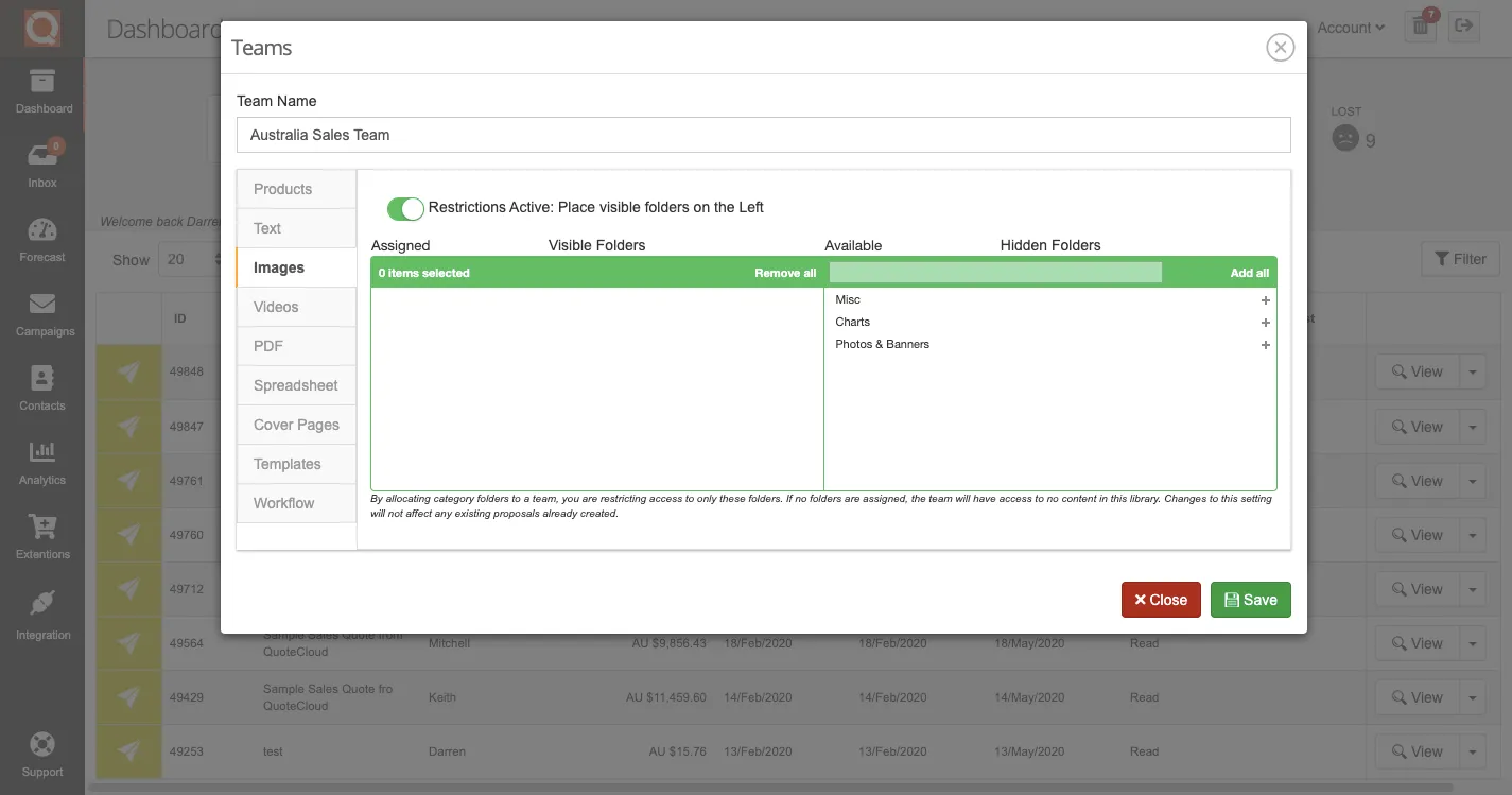 QuoteCloud - Sales Quote, Sales Proposal and Contracts Software - Assigning/Restricting Image Library Categories to Teams (Java Edition) - illustration 79dadae5-a602-40de-842b-dfc21867156c
