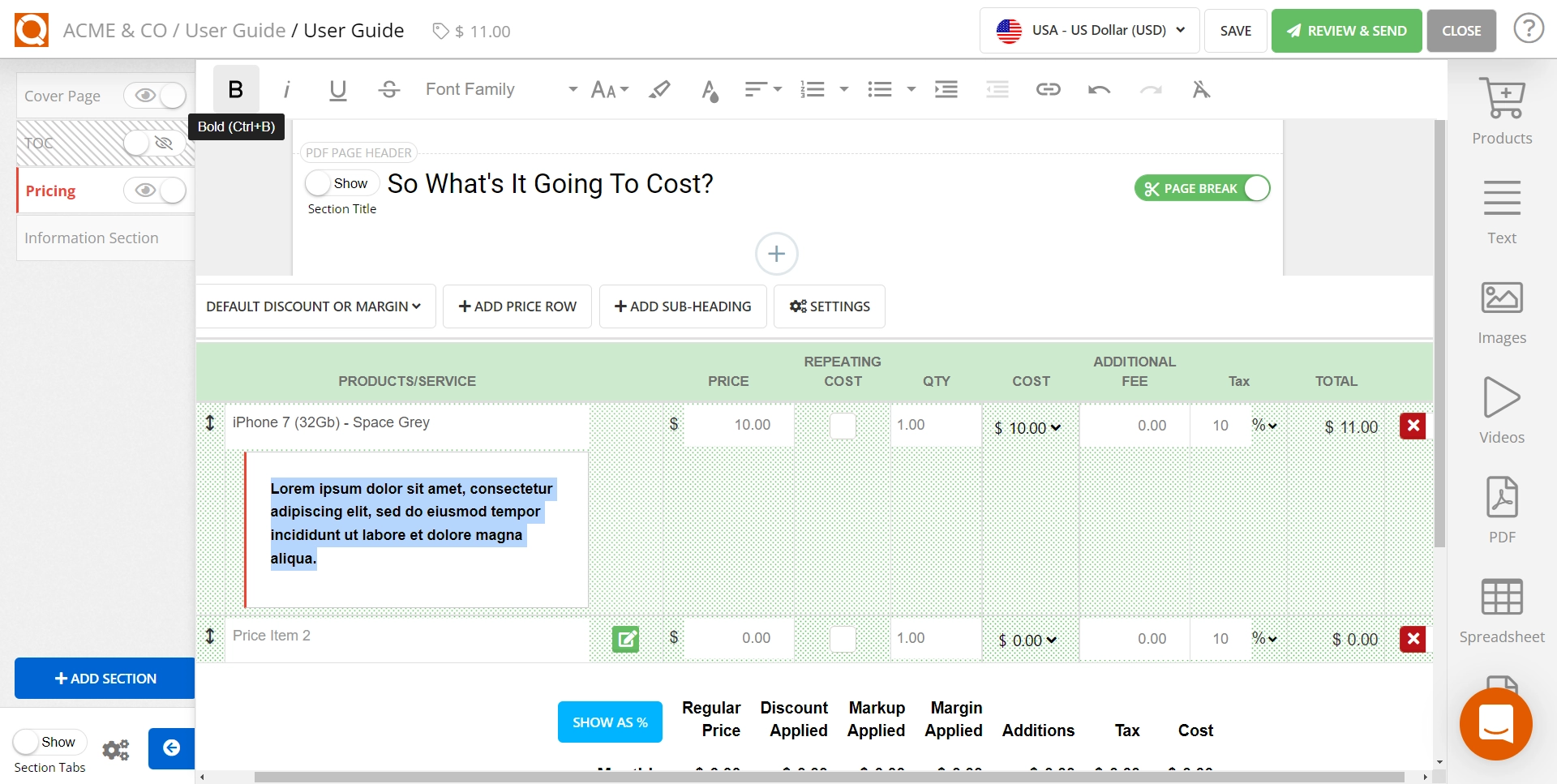 QuoteCloud - Sales Quote, Sales Proposal and Contracts Software - Adding Notes (Additional Formatted Content) to a Price Line Item - illustration bf745653-802c-46d4-aec5-62f93bad9bf2