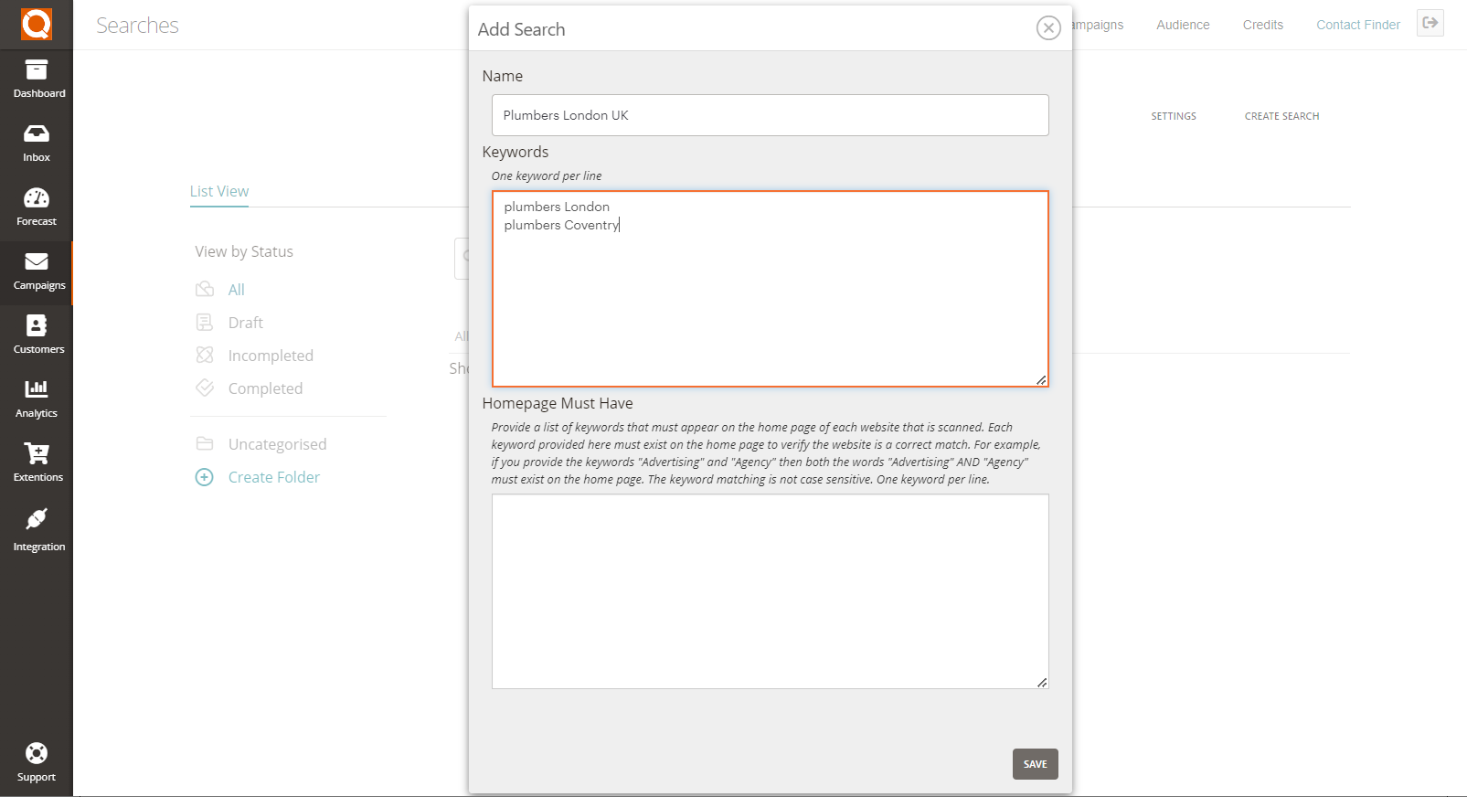QuoteCloud - Sales Quote, Sales Proposal and Contracts Software - Contact Finder Plugin - How To Create A New Search Campaign (Java Edition) - illustration 67f75b58-ae4b-4f67-b83c-136341c7eeb2