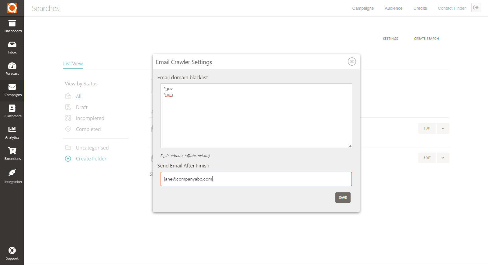 QuoteCloud - Sales Quote, Sales Proposal and Contracts Software - Contact Finder Plugin - Setting The Email Address To Receive The Completed Contact List From A Search Campaign (Java Edition) - illustration 03a36b7a-5160-4924-bb2d-197b571c6caf