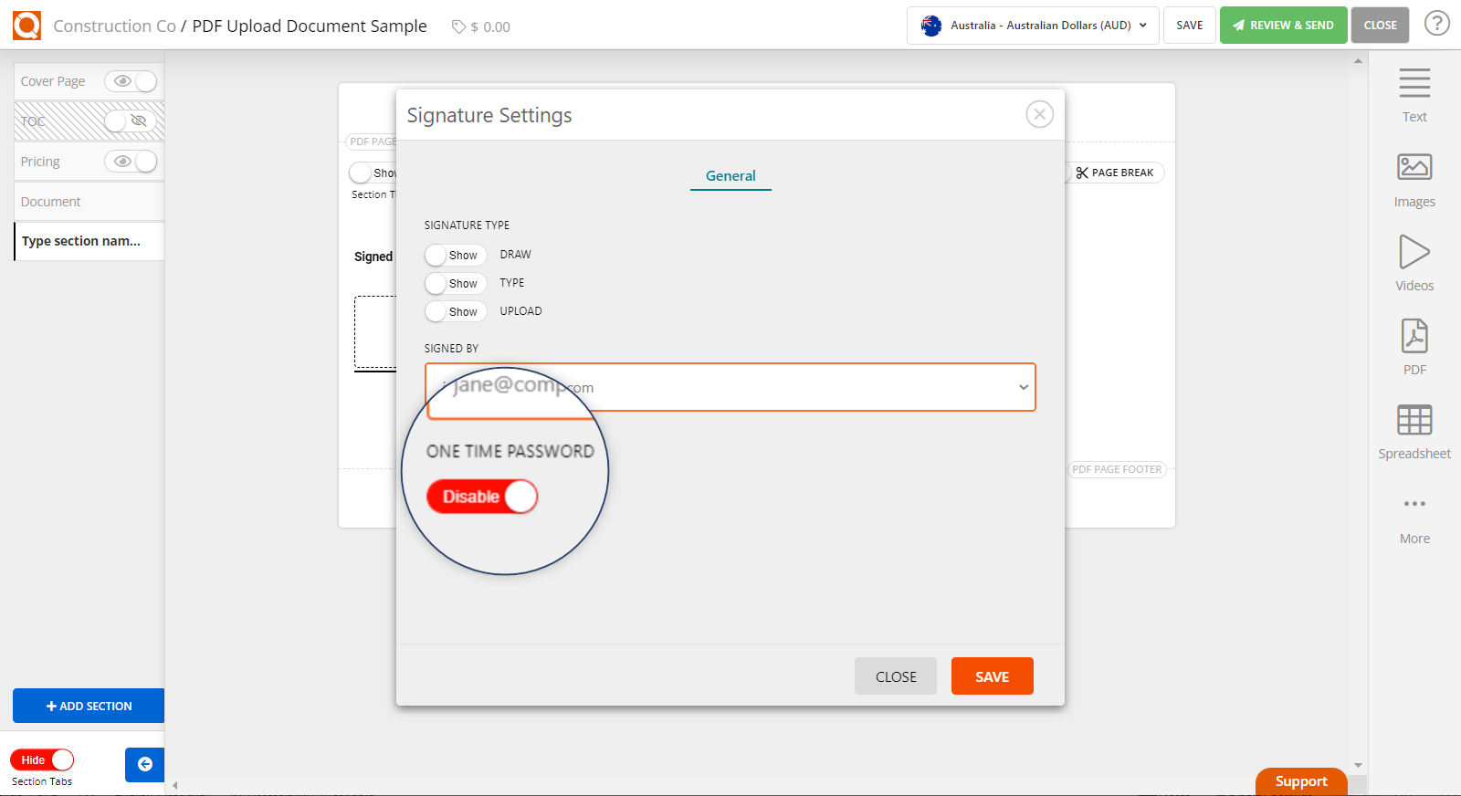 QuoteCloud - Sales Quote, Sales Proposal and Contracts Software - How To Enable And Disable The "One-Time Password" For E-signatures In Sales Quotes  (Java Edition) - illustration 64e9fd08-2e87-4b5c-a922-0cc110551b78