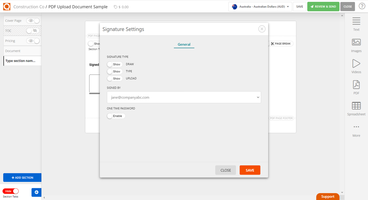 QuoteCloud - Sales Quote, Sales Proposal and Contracts Software - How To Enable And Disable The "One-Time Password" For E-signatures In Sales Quotes  (Java Edition) - illustration 67f75b58-ae4b-4f67-b83c-136341c7eeb2