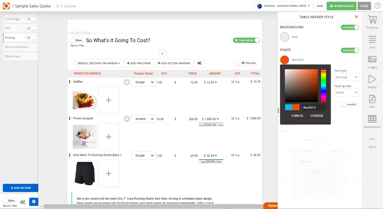 QuoteCloud - Sales Quote, Sales Proposal and Contracts Software - How To Style The Sales Quote Price Table Column Headings (Java Edition) - illustration 06556154-015d-41d6-b225-a66ce68f12b2