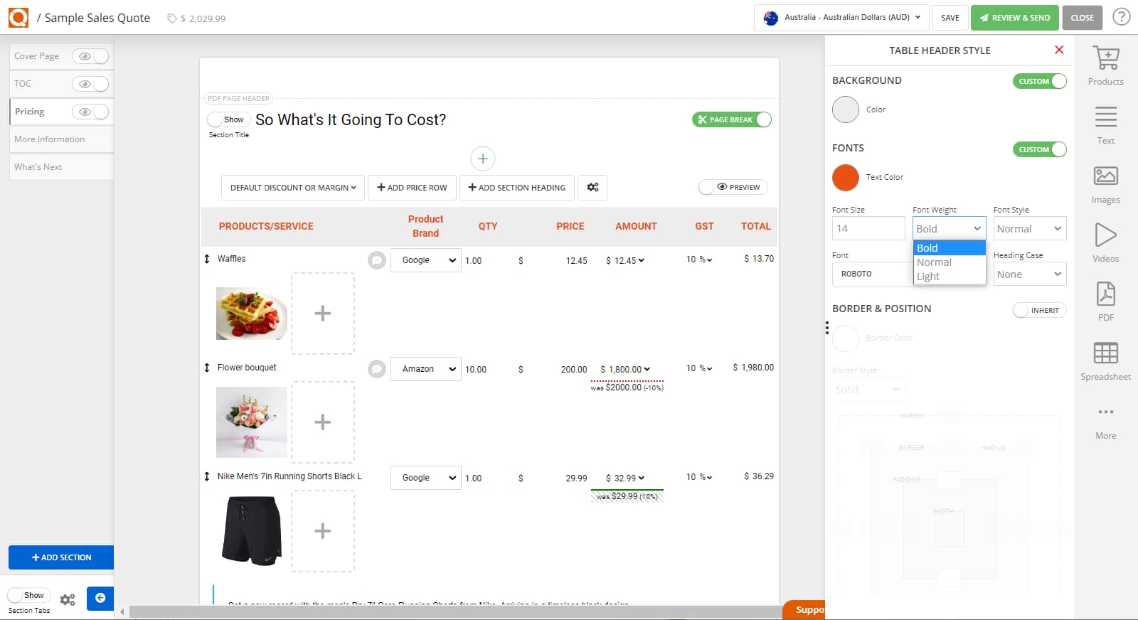 QuoteCloud - Sales Quote, Sales Proposal and Contracts Software - How To Style The Sales Quote Price Table Column Headings (Java Edition) - illustration 67f75b58-ae4b-4f67-b83c-136341c7eeb2