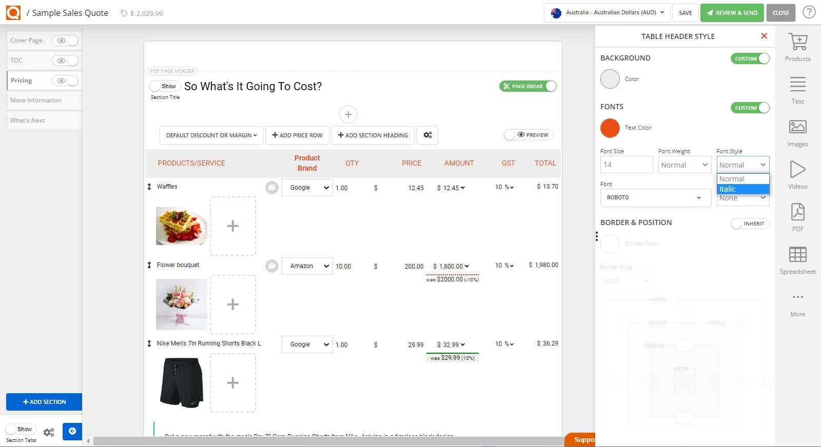 QuoteCloud - Sales Quote, Sales Proposal and Contracts Software - How To Style The Sales Quote Price Table Column Headings (Java Edition) - illustration 64e9fd08-2e87-4b5c-a922-0cc110551b78