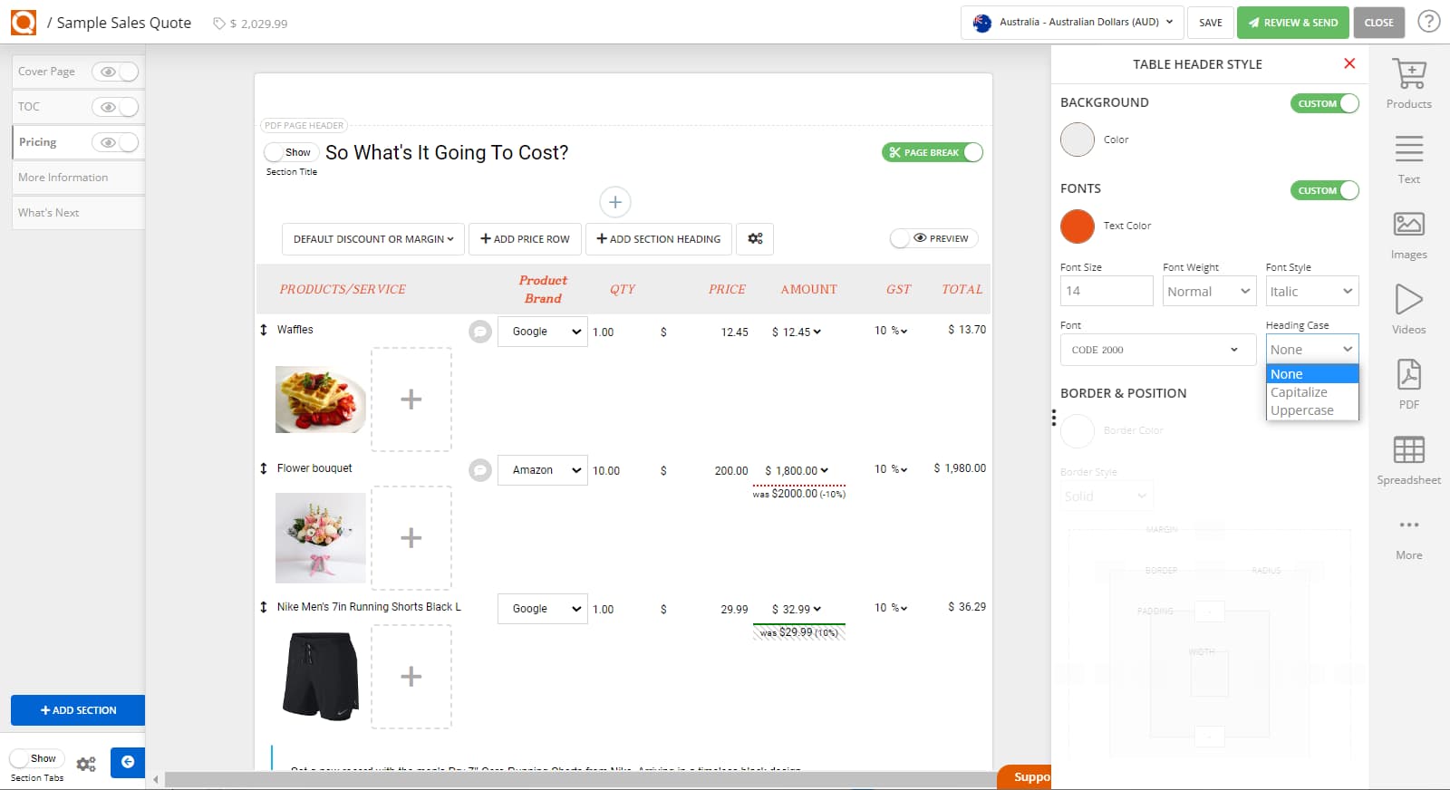QuoteCloud - Sales Quote, Sales Proposal and Contracts Software - How To Style The Sales Quote Price Table Column Headings (Java Edition) - illustration a4c7a2cc-a955-42c3-8ede-2462239c1762