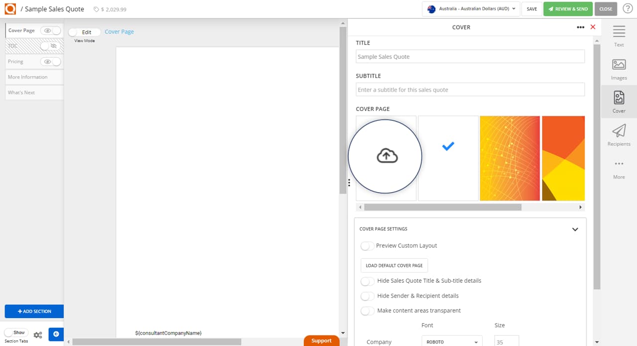QuoteCloud - Sales Quote, Sales Proposal and Contracts Software - How to Upload a Cover Page Background Image in a Sales Quote (Java Edition) - illustration e47c252e-e8ad-47b1-a2b3-6f935d9032bb