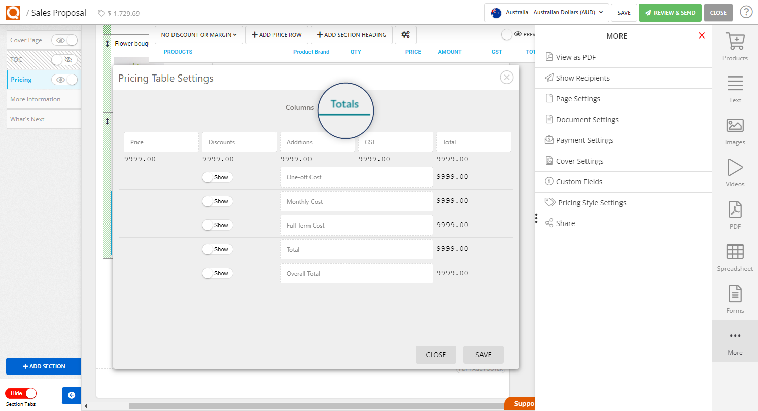 QuoteCloud - Sales Quote, Sales Proposal and Contracts Software - How To Change The Labels In The Price Table Totals Section (Java Edition) - illustration ee9b307b-a2e9-4aae-9a01-34e091293175