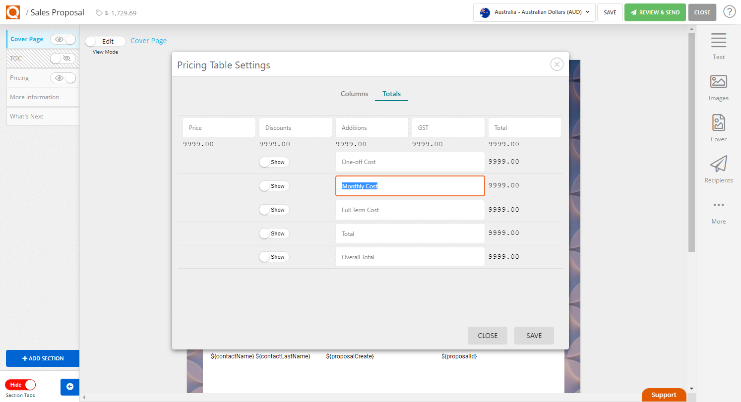 QuoteCloud - Sales Quote, Sales Proposal and Contracts Software - How To Change The Labels In The Price Table Totals Section - illustration 219a609f-fad8-4adc-979e-76bf6c7b91f7