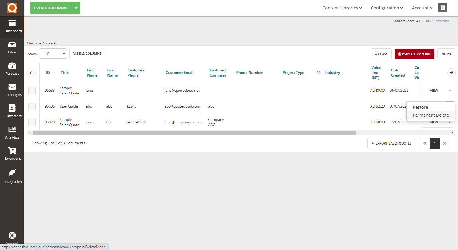 QuoteCloud - Sales Quote, Sales Proposal and Contracts Software - How To Empty The Trash Bin Of Deleted Sales Quotes (Java Edition) - illustration 64e9fd08-2e87-4b5c-a922-0cc110551b78