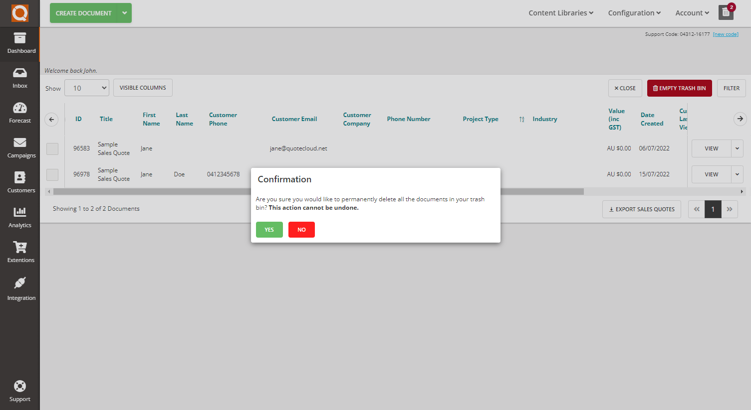 QuoteCloud - Sales Quote, Sales Proposal and Contracts Software - How To Empty The Trash Bin Of Deleted Sales Quotes (Java Edition) - illustration 06556154-015d-41d6-b225-a66ce68f12b2