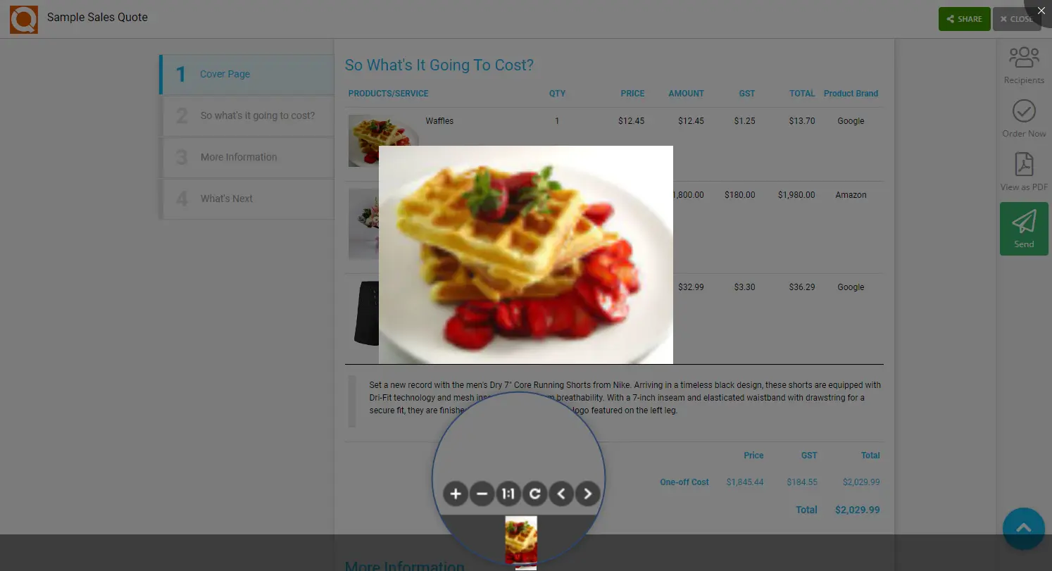 QuoteCloud - Sales Quote, Sales Proposal and Contracts Software - Using the Price Line Item image magnifier when viewing Sales Quotes (Java Edition) - illustration e47c252e-e8ad-47b1-a2b3-6f935d9032bb